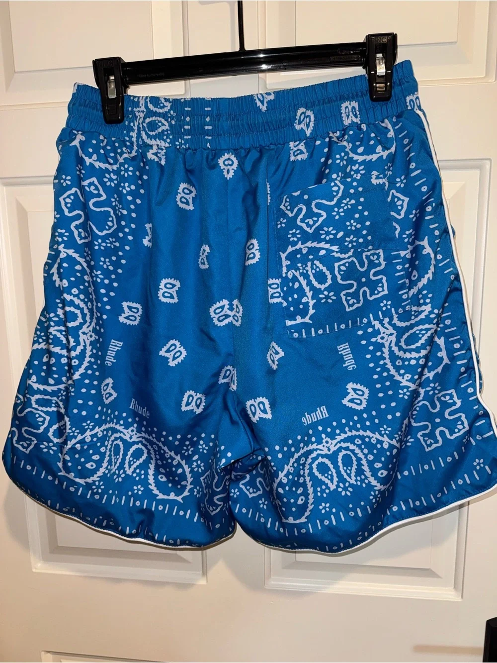 Rhude Blue Bandana-Print Swim Trunks with Yellow Drawstring